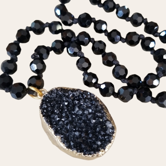 Hand Crafted Glass Bead Necklace With Natural Black Druzy Crystal Pendant - Picture 8 of 16